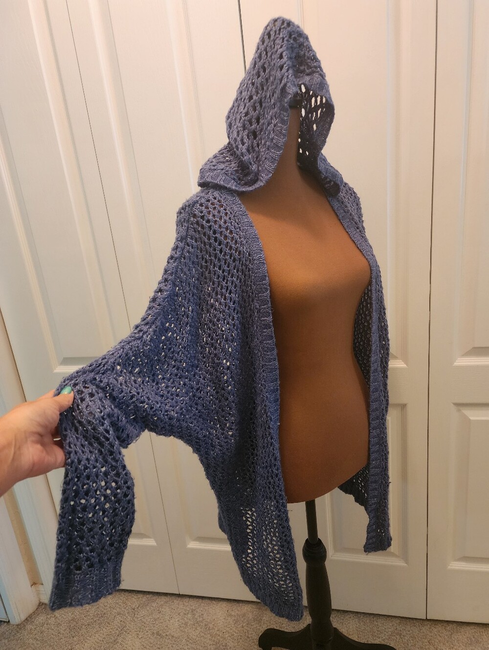 Cotton On Knit Wear Slouchy Boho Open Knit Hooded Cardigan in Dusty Blue
